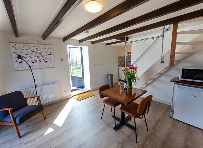 Luftaufnahme des Ferienhauses in Oosterend, Texel, mit Blick auf Meer und Wiesen.