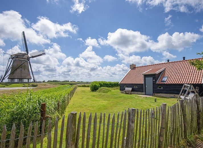 Uitzicht op de molen vanaf ZoWad - Molenhuisje Beaufort, vakantiehuis in Oosterend Texel, omgeven door natuur.