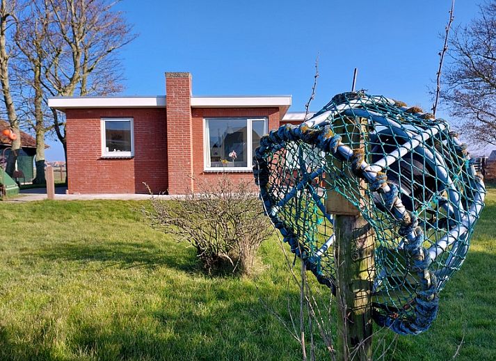 Frontansicht des Ferienhauses 't Buurtje in Oudeschild, Texel, umgeben von gruener Natur.