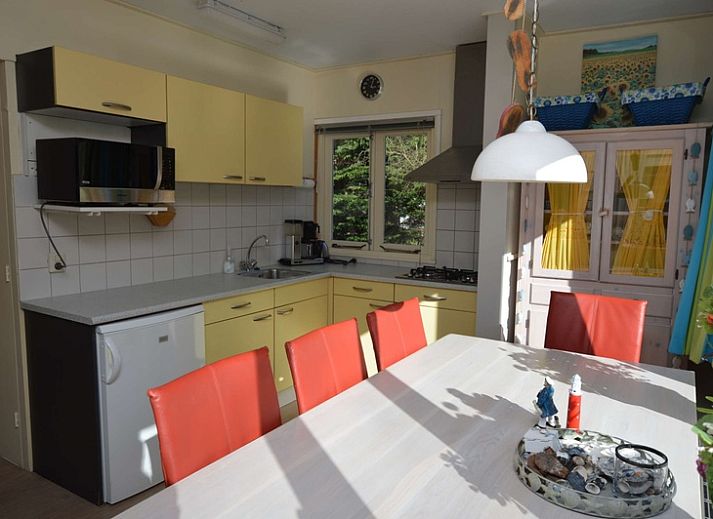 Gezellige woonkamer van Vakantiehuis De Nagtegaal 15, De Wulk in De Dennen, Texel met kleurrijke gordijnen.