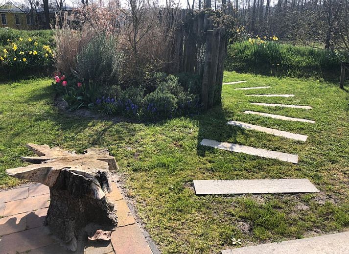 Rustiek vakantiehuis bij Vakantiepark De Bremakker, Akkerveld 14, De Dennen, Texel, omgeven door groene natuur en serene tuinen.