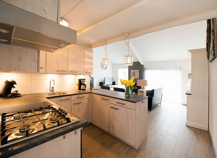 Aussenansicht des Ferienhauses Gortersmient 304, De Dennen, Texel mit schoener Terrasse und gruener Umgebung.