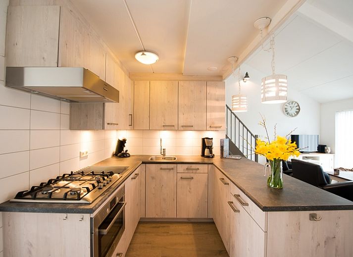 Aussenansicht des Ferienhauses Gortersmient 304, De Dennen, Texel mit schoener Terrasse und gruener Umgebung.