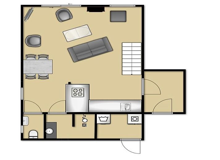 Moderne keuken in Vakantiehuis Gortersmient 356, De Dennen Texel, met houten kasten en roestvrijstalen apparatuur.
