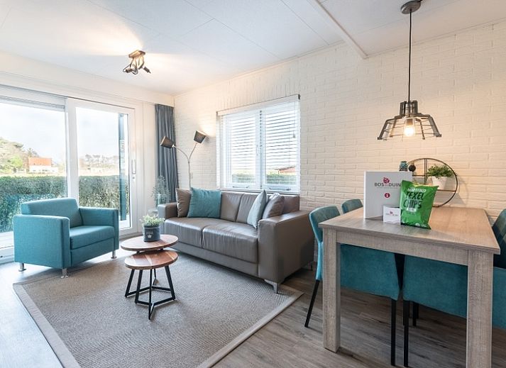 Gezellige woonkamer van Appartement Bos en Duin 12 in De Dennen, Texel, met moderne meubels en veel natuurlijk licht.