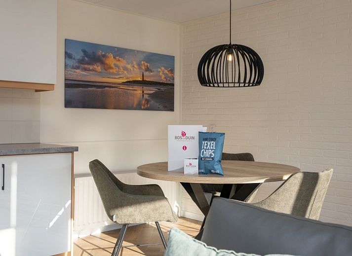 Gezellige woonkamer in Appartement Bos en Duin 28, De Dennen, Texel met comfortabele zithoek en uitzicht op de natuur.