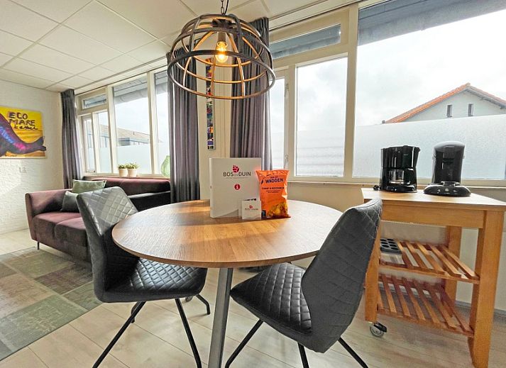 Gemuetliches Wohnzimmer im Apartment Bos en Duin 25, De Dennen, Texel, mit moderner Einrichtung und viel Tageslicht.