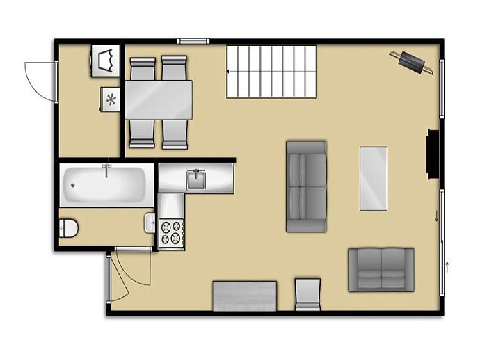Gemuetliches Wohnzimmer mit offener Kueche im Ferienhaus Gortersmient 282, De Dennen, Texel fuer einen komfortablen Aufenthalt.