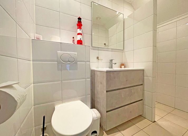 Gezellige eetruimte in Appartement Bos en Duin 36, De Dennen, Texel met houten tafel en rode stoelen.