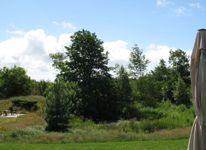Vijverhof Ferienhaus fuer 6 Personen in De Dennen, Texel, umgeben von ueppiger Natur und einem sonnigen Garten, ideal fuer einen entspannten Aufenthalt.