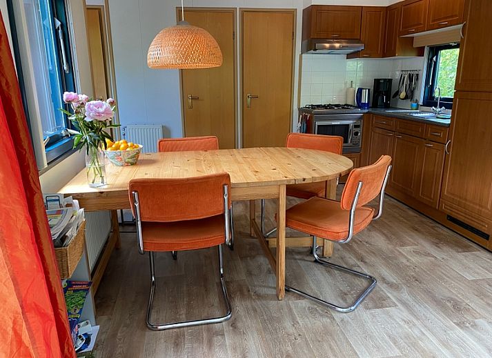 Buitenterras van vakantiehuis Vakantiepark De Bremakker in De Dennen Texel, omgeven door groen en voorzien van tuinmeubilair.