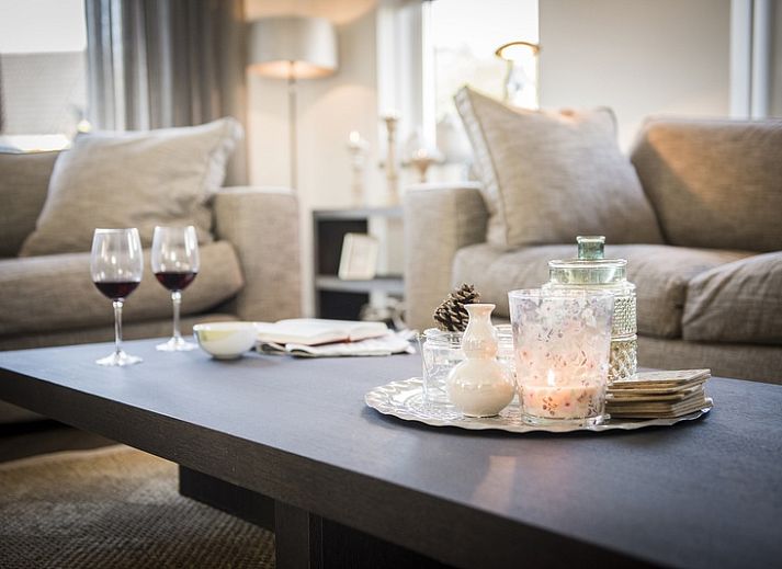 Gemuetliches Wohnzimmer in der Villa bij Zee, Bungalowpark 't Hoogelandt, Texel. Gemuetliche Sitzecke mit Kamin und Blick auf De Dennen.