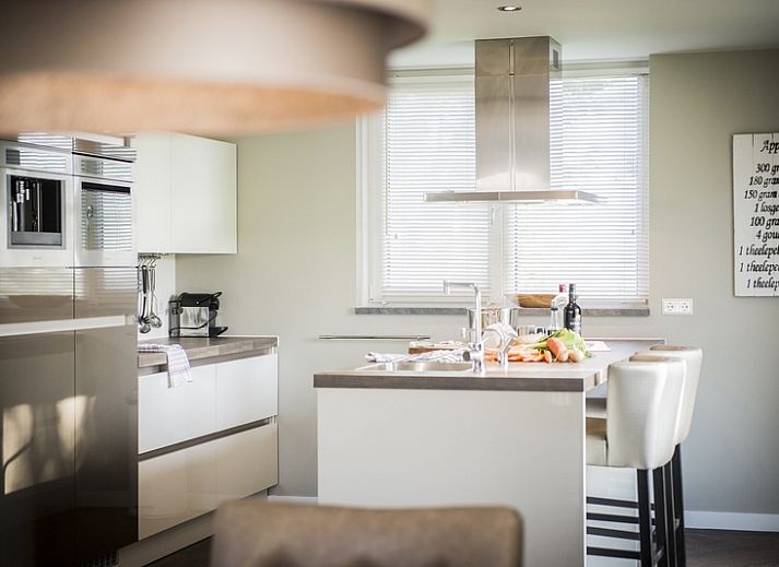 Gemuetliches Wohnzimmer in der Villa bij Zee, Bungalowpark 't Hoogelandt, Texel. Gemuetliche Sitzecke mit Kamin und Blick auf De Dennen.