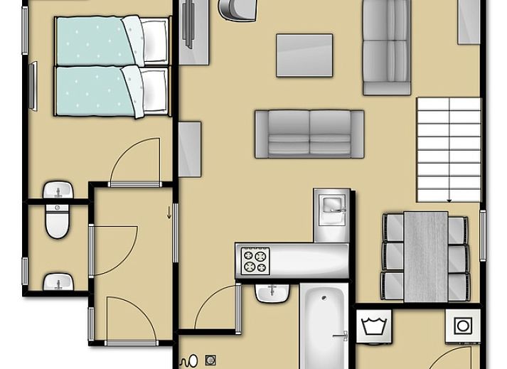 Gemuetliches Wohnzimmer im Ferienhaus Gortersmient 326, De Dennen, Texel mit bequemen Sitzgelegenheiten und Kamin.