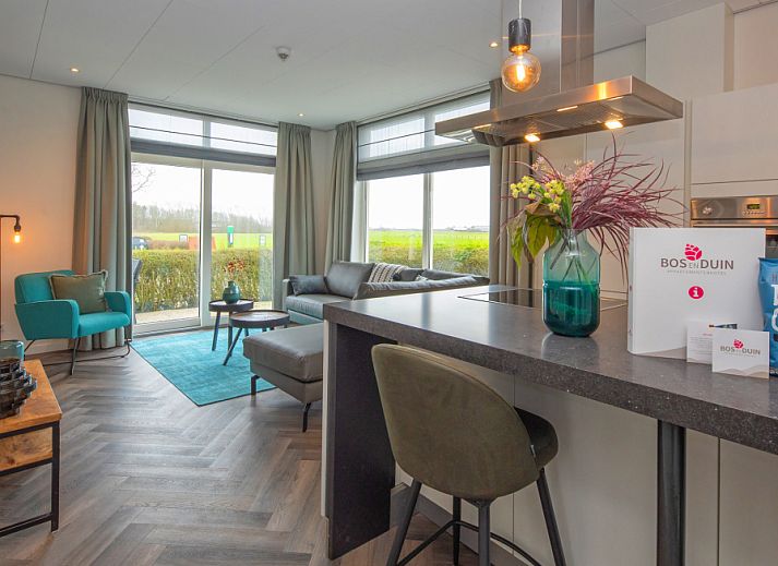 Geraeumiges Wohnzimmer im Apartment Bos en Duin 01, De Dennen, Texel mit Blick auf die Natur.