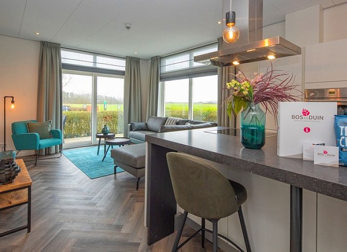 Geraeumiges Wohnzimmer im Apartment Bos en Duin 01, De Dennen, Texel mit Blick auf die Natur.