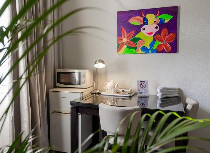 Aussenansicht des Hotels Orion, Ferienwohnung in Rotterdam, Suedholland, mit Fahnen und Backsteinfassade.