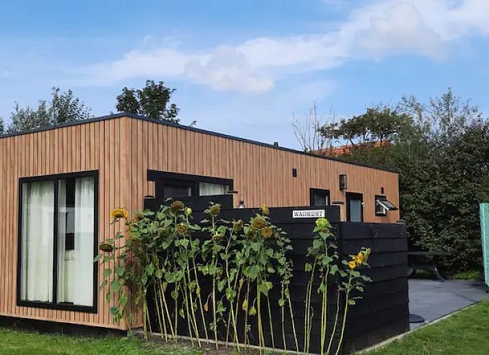 Gezellige eethoek in WadRust chalet, Midsland Noord, Terschelling met houten tafel en moderne verlichting.