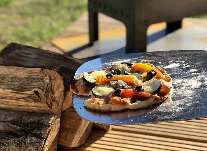 Stijlvolle woonkamer van Buitenhuis chalet in Midsland Noord, Terschelling met comfortabele bank.