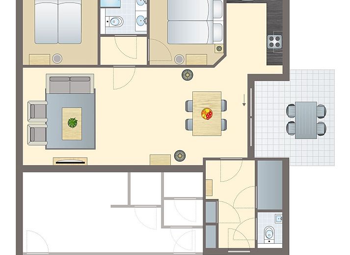 Eetkamer van 4-persoons appartement 4C1 in West-Terschelling met uitzicht op balkon, Waddeneilanden.