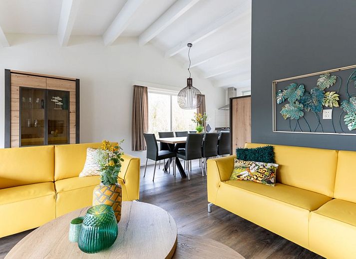 Terrasse des Ferienhauses Duinroos in Ballum, Ameland, mit Picknicktisch und Liegestuehlen im Garten.