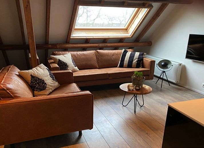 Gemuetliche Sitzecke in der Wohnung Petit, Ballum, Ameland mit bequemen Sofas und Oberlicht fuer viel Tageslicht.