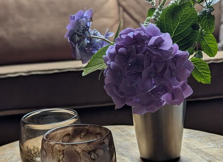 Modernes Wohnzimmer einer kleinen Wohnung in Ballum, Ameland, mit stilvoller Einrichtung und Blick auf die Natur.