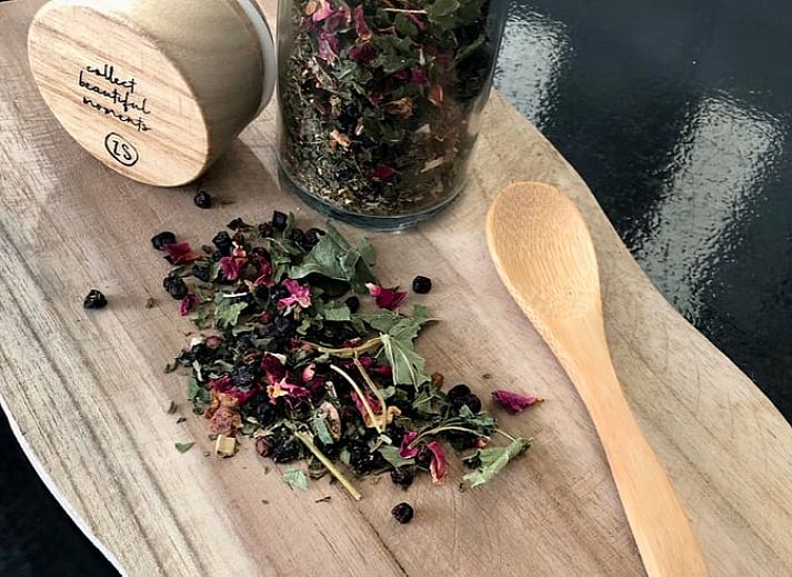 Comfortabele woonkamer in Vakantiehuisje in Buren Ameland met knusse bank en open keuken, ideaal voor ontspanning.