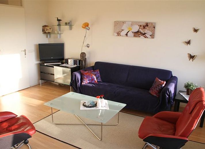 Frontansicht der Wohnung Amelander Paradise in Buren, Ameland, mit Fahnen und gruener Umgebung.