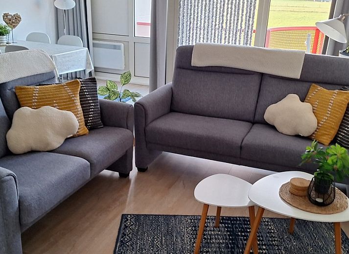 Gezellige woonkamer in Amelander Paradijs appartement, Buren, Ameland, met moderne meubels en decoraties.