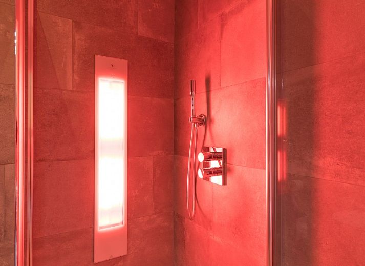 Innenraum mit Holzschiebetuer und Spiegel im Bungalow Wagenschuur, Hollum, Ameland, Watteninseln.