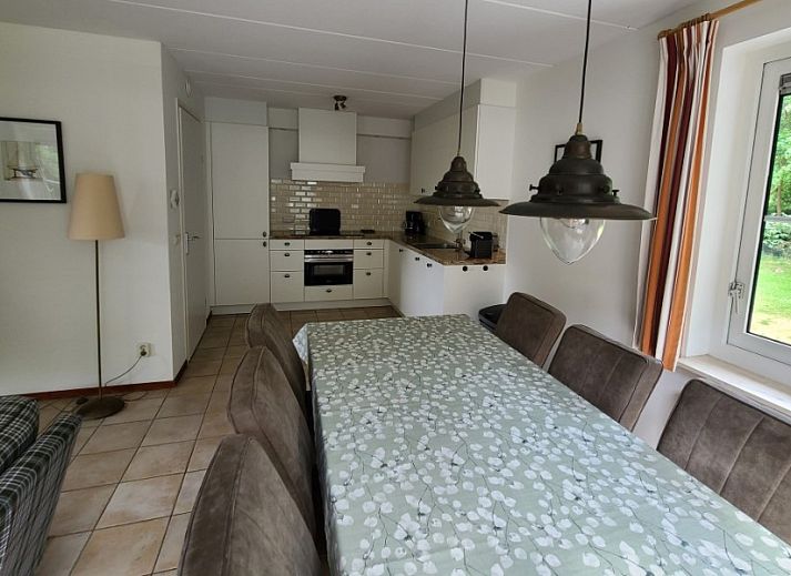 Gemuetliches Wohnzimmer des Ferienhauses Sartorius in Hollum, Ameland, mit bequemen Moebeln und Blick auf die Natur.