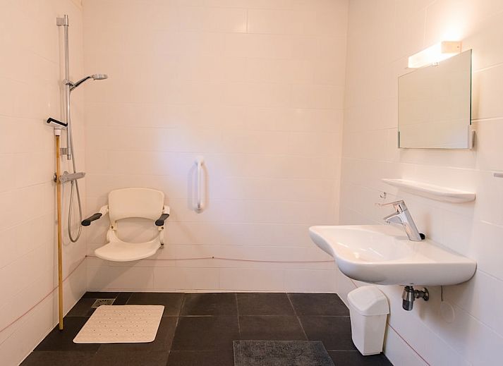 Gemuetliches Wohnzimmer von Vijverwoning 4 in Hollum, Ameland. Geniessen Sie das Sonnenlicht und die Aussicht auf die Natur von diesem komfortablen Bungalow aus.