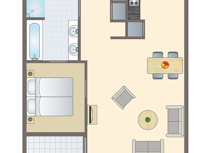 Plattegrond van Ameland State 2-persoons appartement in Nes, Ameland, Waddeneilanden, met moderne indeling.