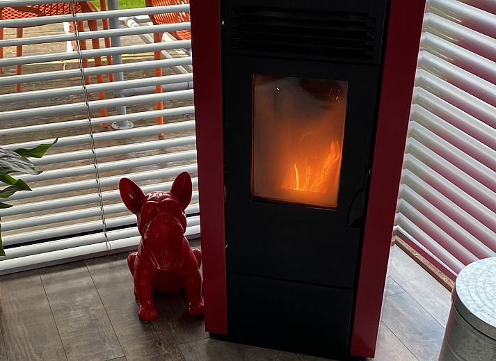 Moderne Kueche im Ferienhaus FR058, Warns, mit rotem SMEG-Kuehlschrank.