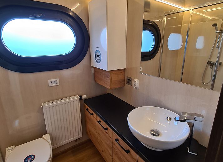 Modernes Badezimmer im Ferienhaus FR284 in Warns, Friesische Seen, mit Luxuswaschbecken und Dusche.