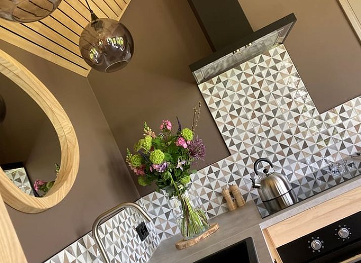 Aussenkamin mit brennendem Holz im Ferienhaus in Koudum, ideal fuer gemuetliche Abende.