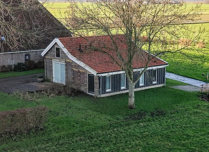 Ferienhaus in Elahuizen, ein charmantes Ferienhaus in den friesischen Seen mit Blick auf weidende Schafe in der Natur von Fluessen.