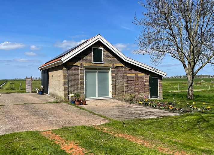 Ferienhaus in Elahuizen, ein charmantes Ferienhaus in den friesischen Seen mit Blick auf weidende Schafe in der Natur von Fluessen.