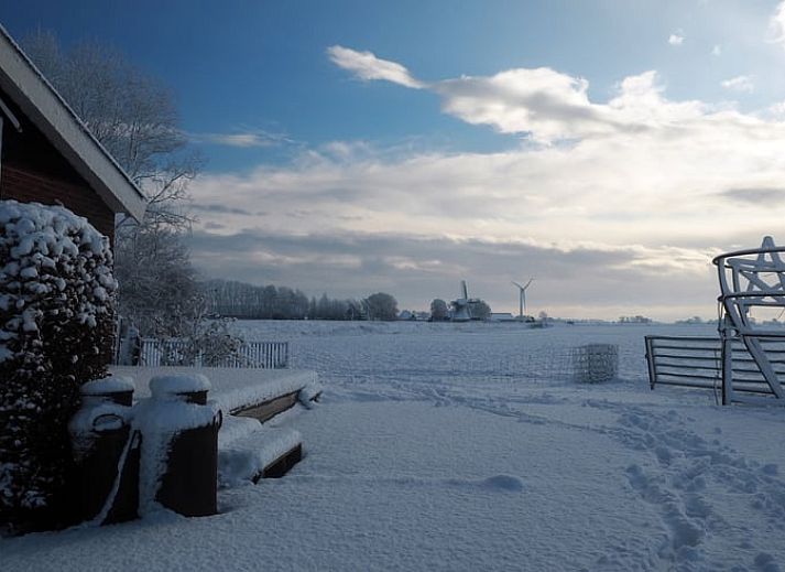 Gezellige eetruimte in Vakantiehuisje in It Heidenskip, gelegen aan de Friese meren, met houten tafel en comfortabele stoelen.