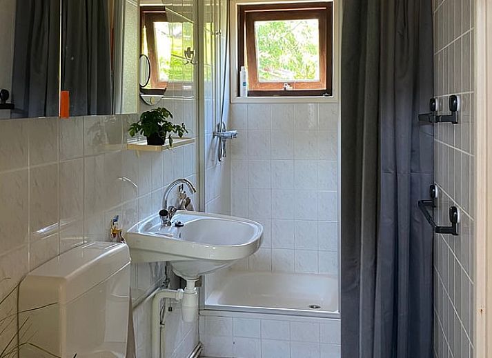 Gemuetliche Terrasse des Ferienhauses in Rohel, Tjeukemeer, mit bunten Blumen.