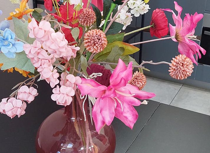 Gezellige woonkamer in Vakantiehuisje in Uitwellingerga bij Sneekermeer, met kleurrijke kussens en moderne inrichting.