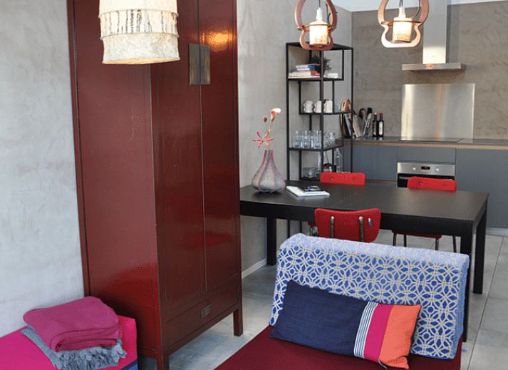 Gezellige woonkamer in Vakantiehuisje in Uitwellingerga bij Sneekermeer, met kleurrijke kussens en moderne inrichting.