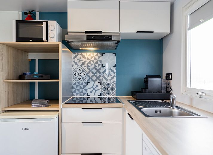 Moderne keuken in Vakantiehuis Natuurlijk de Veenhoop, Princehof, met stijlvolle tegels.