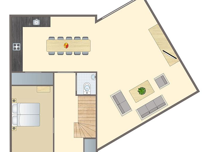 Floor plan of Esonstad 10-person house 10F1 in Anjum, with spacious living room and kitchen, ideal for a vacation at the Lauwersmeer.