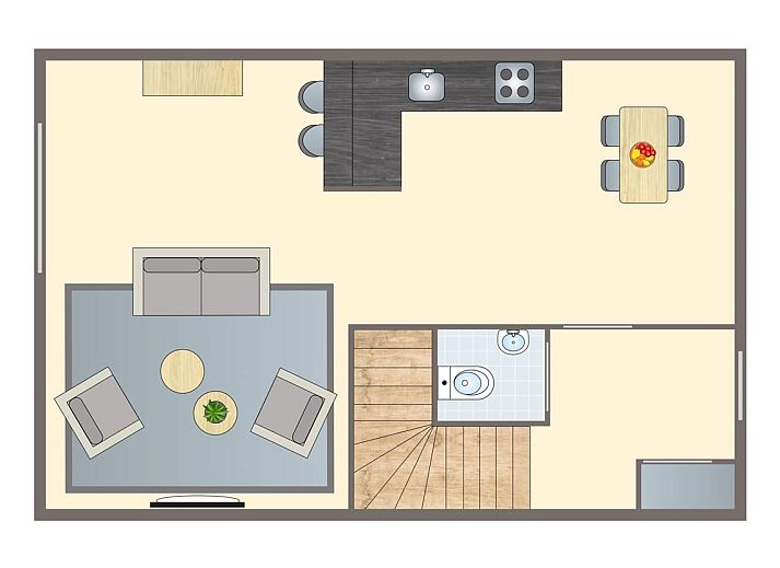 Plattegrond van Esonstad 4-persoons woning 4L1 in Anjum, ruime woonkamer met keuken en terras nabij Lauwersmeer.