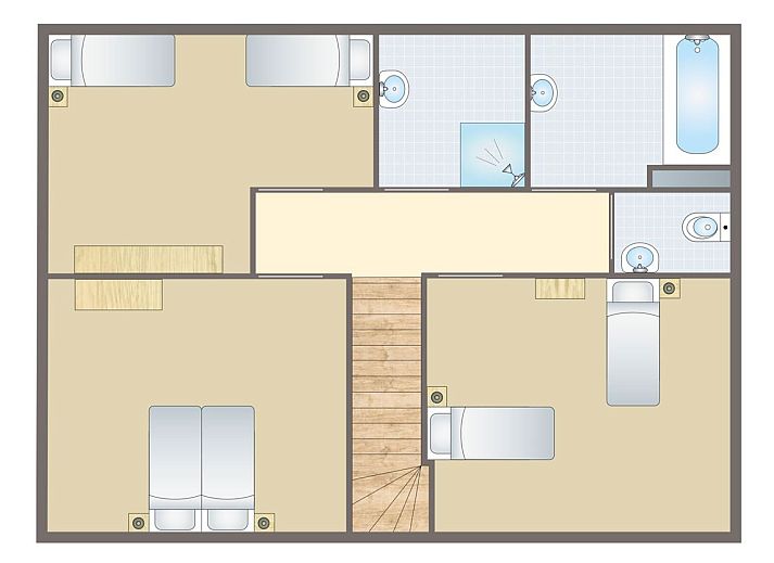 Plattegrond van Esonstad 8-persoons woning 8E1 in Anjum, met ruime woonkamer en keuken, ideaal voor een vakantie aan het Lauwersmeer.
