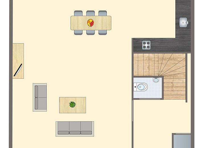 Plattegrond van Esonstad 4-persoons kinderbungalow 4LK in Anjum, met ruime woonkamer en keuken bij Lauwersmeer.