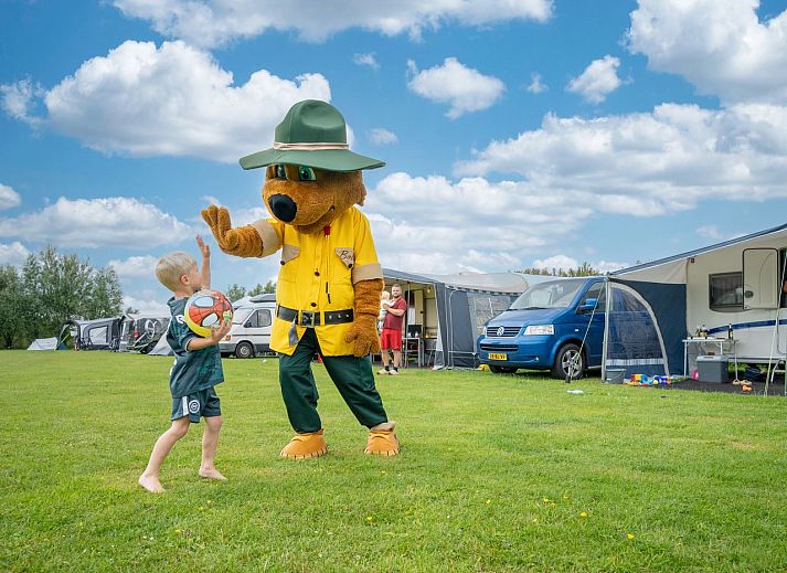 Esonstad Basis camping site C1 in Anjum, view over green fields and nearby Lauwersmeer.