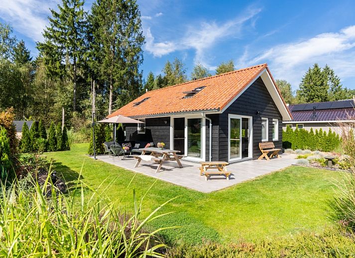 Gezellige woonkamer in De N8UIL vakantiehuis in Spier, Midden Drenthe, met een moderne haard en uitzicht op de natuur.